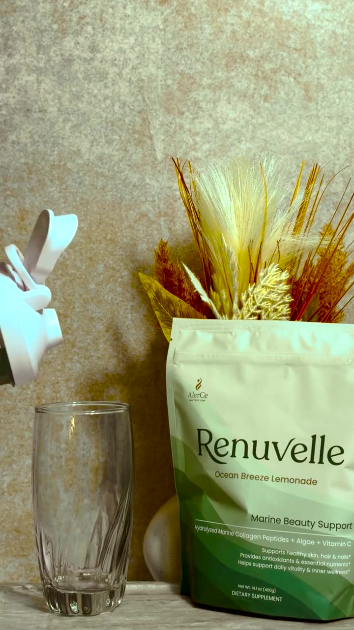 Renuvelle pouch beside a glass of lemonade